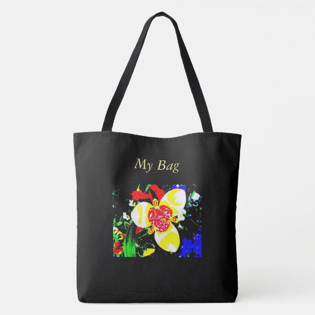 Bolsa Tote preto incomum com padrão de flores amarela e verme (Verso)