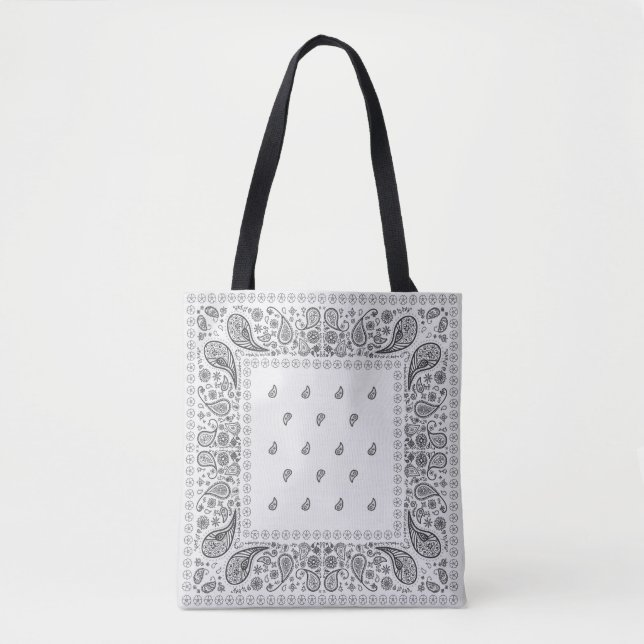 Bolsa Tote Preto na Design de Paisley Branco (Frente)
