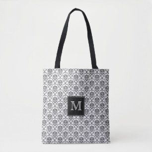 Bolsa Tote Preto no damasco branco Monogrammed