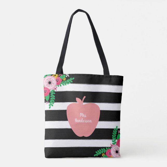 Bolsa Tote Preto + O branco listra o professor floral de (Verso)