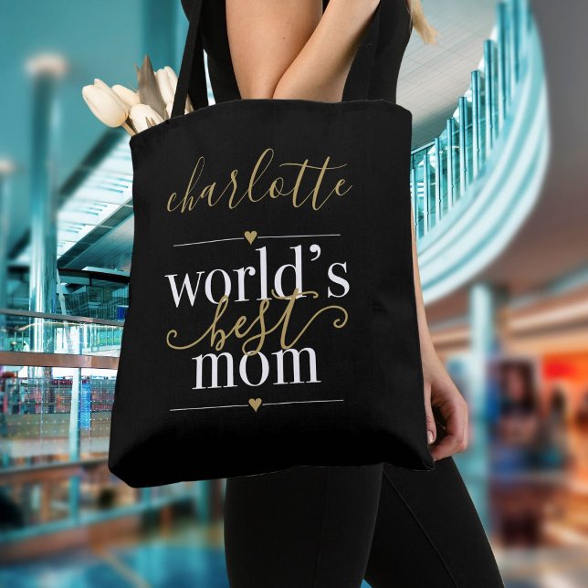 Bolsa Tote Preto Personalizado E Mundos Dourados Melhor Mãe (Personalized Black And Gold Worlds Best Mom Tote Bag)