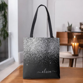 Bolsa Tote Preto Prateado Glitter Faísca Monograma Nome Femin