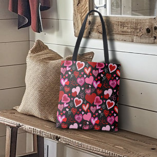Bolsa Tote Preto Rosa Vermelho Corações Amor Padrão