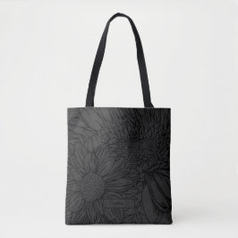 Bolsa Tote Preto sobre Cinza com Nome e Crisântemos