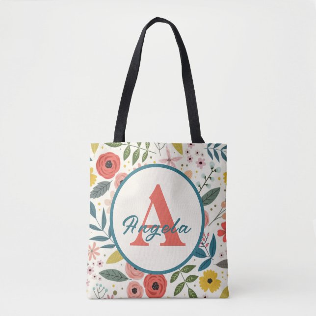 Bolsa Tote Pretty Blush Pink Floral Botanical Monogram  (Frente)