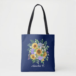 Bolsa Tote Pretty Modern Navy Sunflower & Wildflowers Design