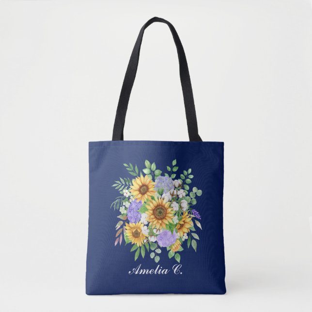 Bolsa Tote Pretty Modern Navy Sunflower & Wildflowers Design (Frente)