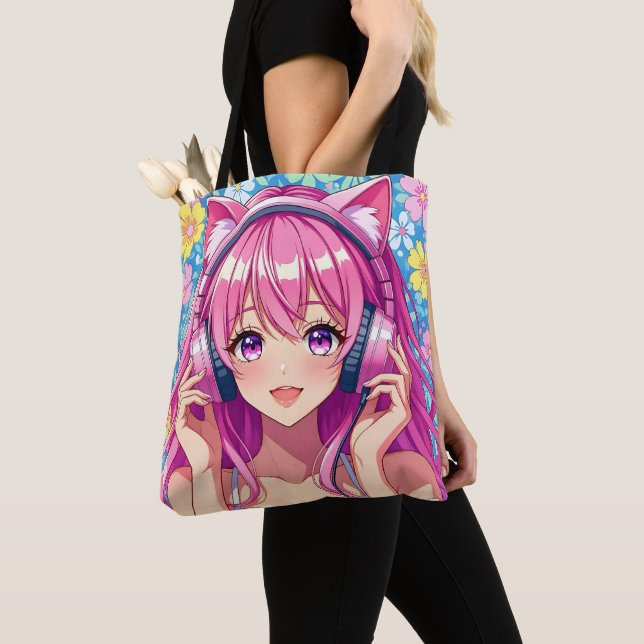 Bolsa Tote Pretty Pink Anime Girl in Headphones (Close Up)