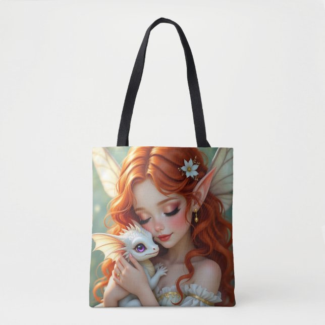 Bolsa Tote Pretty Red Haired Fairy with Dragon (Frente)