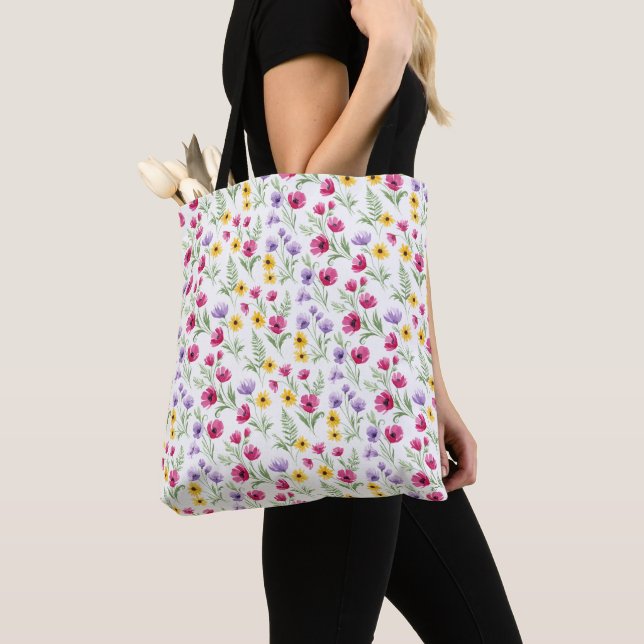 Bolsa Tote Pretty Yellow, Purple, Pink Floral Watercolor (Close Up)