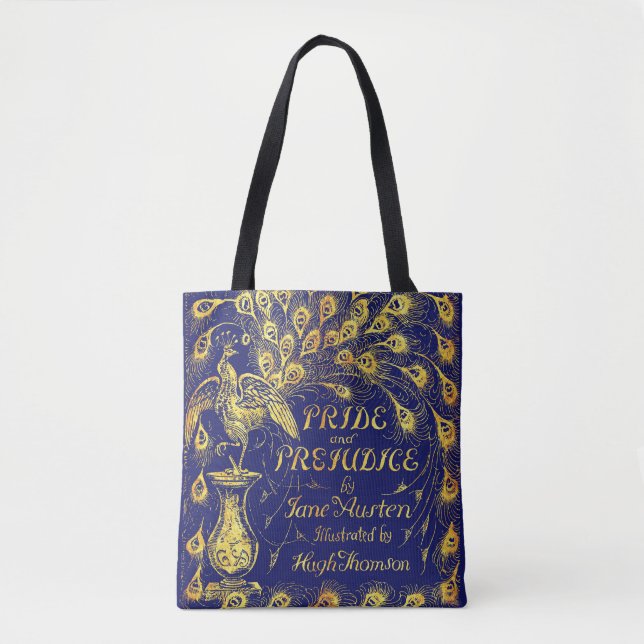 Bolsa Tote Pride and Prejudice Blue Gold Peacock Book Cover (Frente)