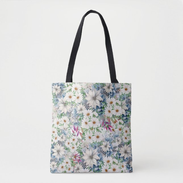 Bolsa Tote Primavera Daisies e Padrão Floral Azul (Frente)