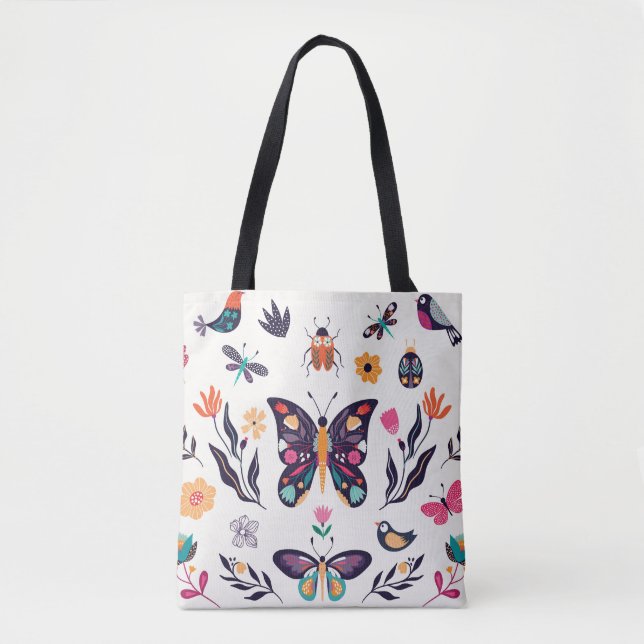 Bolsa Tote Primavera Elementos Borboletas Aves Flores (Frente)