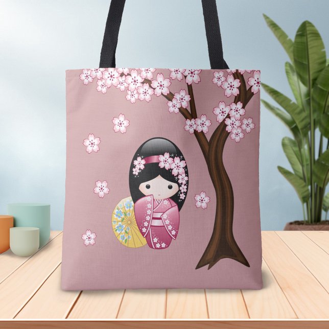 Bolsa Tote Primavera Kokeshi Doll - Garota Geisha Japonesa Bo (Criador carregado)
