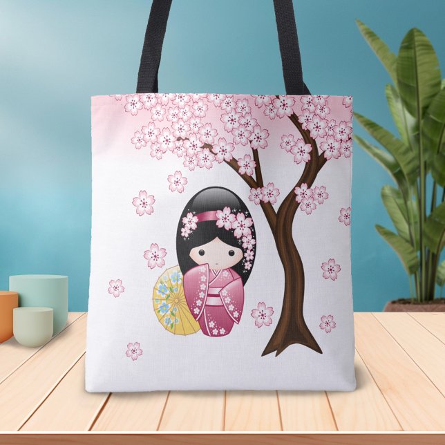 Bolsa Tote Primavera Kokeshi Doll - Garota Geisha Japonesa Bo (Criador carregado)