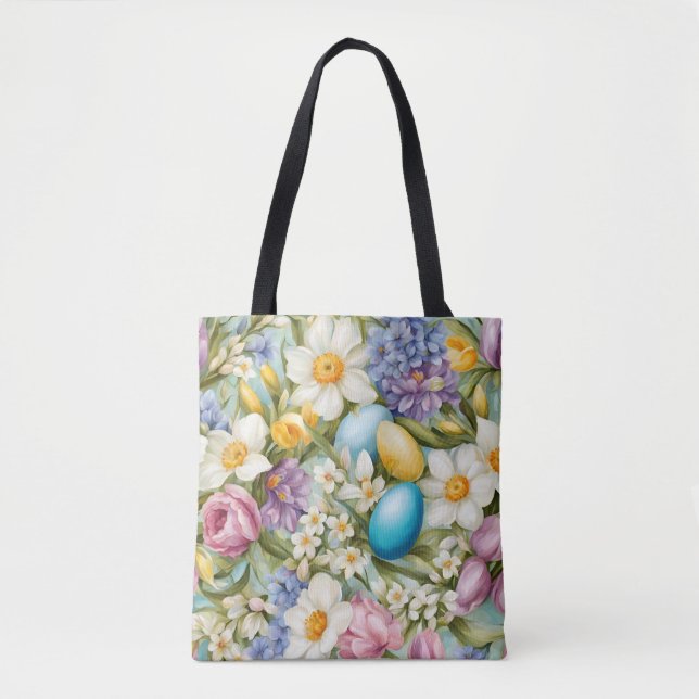 Bolsa Tote Primavera. Narciso, Hyacintos, Tulipas, Ovos de Pá (Frente)