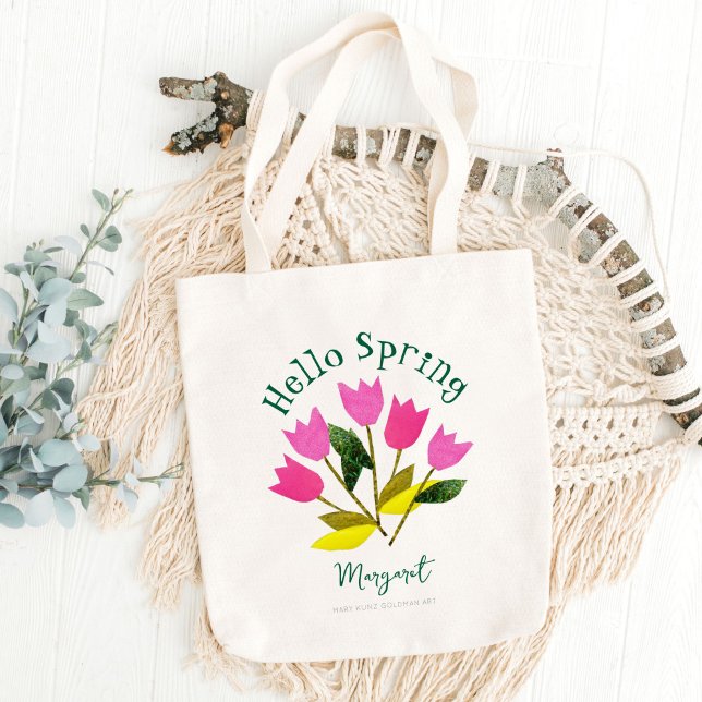 Bolsa Tote Primavera Personalizado com Primavera de Alô Retro (This stunning bunch of tulips is my own original cut paper art. It's paired with vintage typography.)