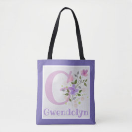 Bolsa Tote Primeira Inicial Mais Nome Gwendolyn com Flores