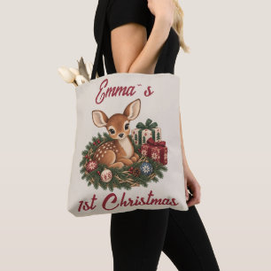 Bolsa Tote Primeiro Natal do Bebê Personalizado Fawn Lembranç