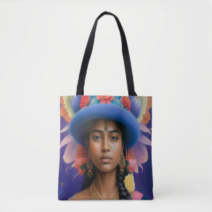Bolsa Tote Princesa asiática com chapéu azul grande
