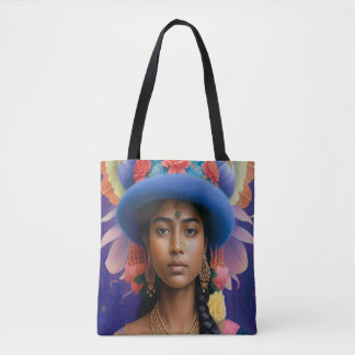 Bolsa Tote Princesa asiática com chapéu azul grande