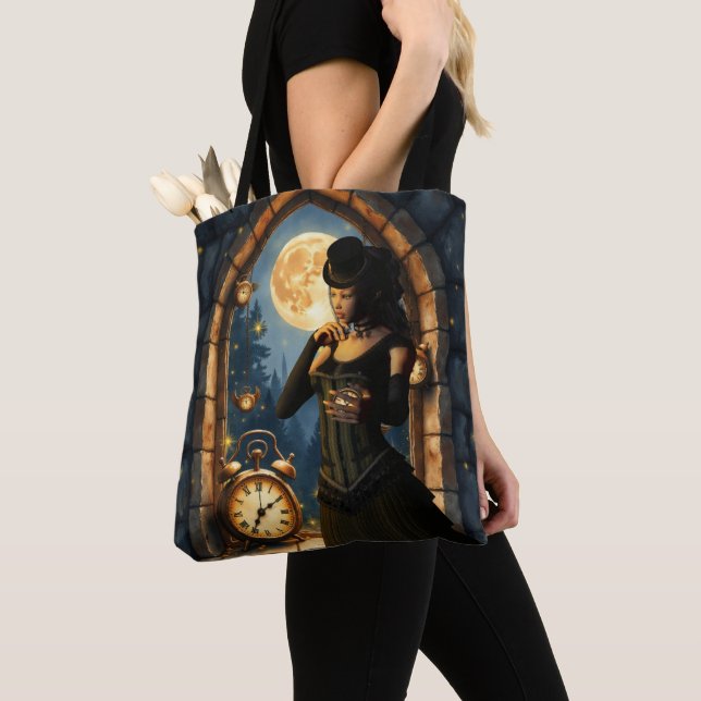 Bolsa Tote Princesa dos Relógios – Guardiã das Horas ao Luar. (Close Up)