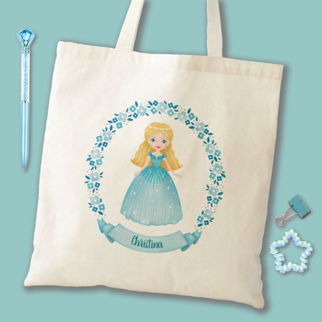 Bolsa Tote Princesa Rosa Bonita Personalizada (A cute blue girls Princess tote bag. Personalize it with your girls name for a special gift.)