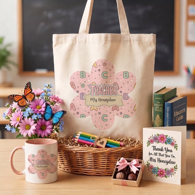 Bolsa Tote Professor de Letras Rosa  Padrão Escolar  (Criador carregado)