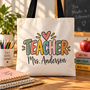 Bolsa Tote Professor Personalizado Retro Colorido Nome Person