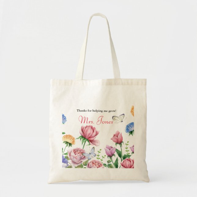 Bolsa Tote Professora agradecendo obrigado floral (Frente)