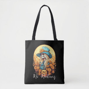 Bolsa Tote Professora do Skeleton Halloween Sunflower