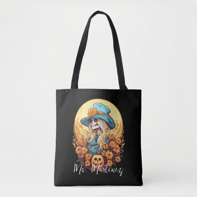 Bolsa Tote Professora do Skeleton Halloween Sunflower (Frente)