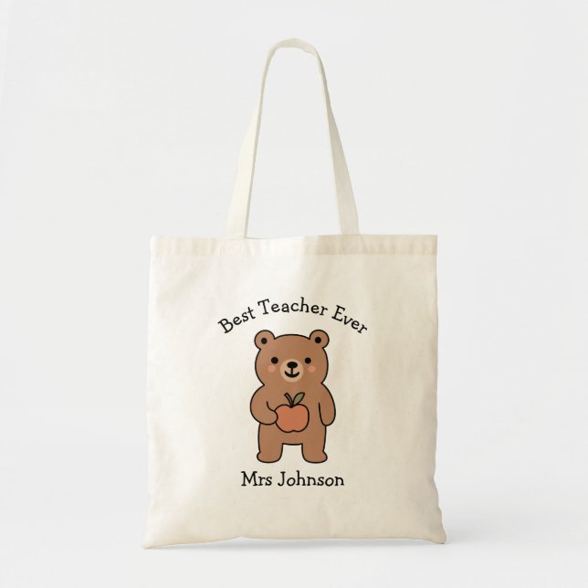 Bolsa Tote Professora Personalizada, Urso Bonito, Melhor Prof (Frente)