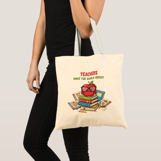 Bolsa Tote "Professores Tornam o Mundo Ótimo" Maçã Fofa (Frente (produto))