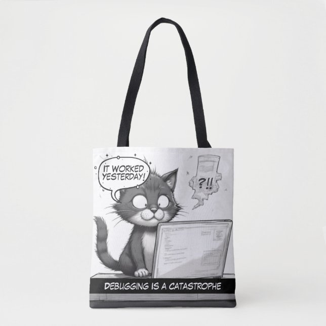 Bolsa Tote Programmer Cat Humour Debugging is Catastrophe (Frente)