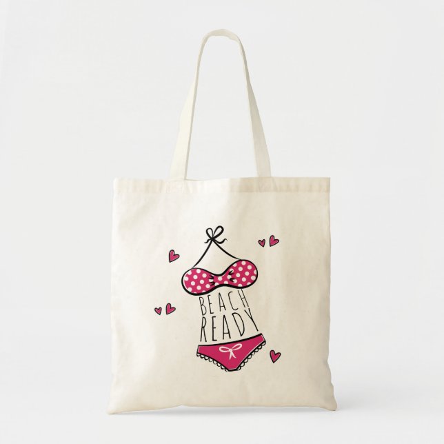 Bolsa Tote Pronta para praia, rosa-branca, de Bikini (Frente)