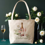 Bolsa Tote Prosecco Bubble Watercolor Floral Bridesmaid<br><div class="desc">Brincando para o amor e a risada! Aceite o espírito alegre do seu próximo chá de panela com a nossa chantageante bubble prosecco e buquê tote bag. Nós pintamos meticulosamente à mão uma charmosa garrafa de champanhe rosa e um copo de vinho, enfeitiçado com delicadas flores de aquarela, para capturar...</div>
