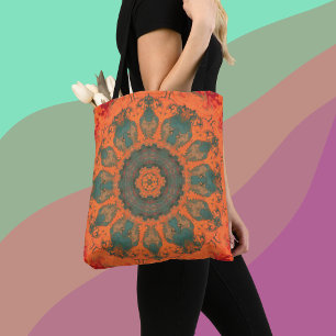 Bolsa Tote Psicodélica Hippie Teal Laranja e Vermelho