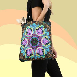 Bolsa Tote Psicodélico Flor, Flor, Azul, Amarelo e Rosa