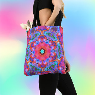 Bolsa Tote Psicodélico Flor Hippie Cor de Rosa Azul e Laranj