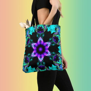 Bolsa Tote Psicodélico Flor Roxo Teal e Preto