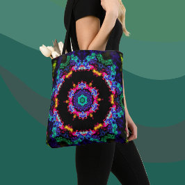 Bolsa Tote Psicodélico Mandala Flor Azul Verde e Amarelo
