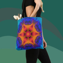 Bolsa Tote Psicodélico Mandala Flor Laranja Vermelho e Azul