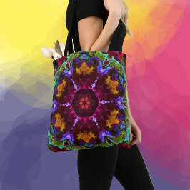 Bolsa Tote Psicodélico Mandala Flor Púrpura Laranja e Verde