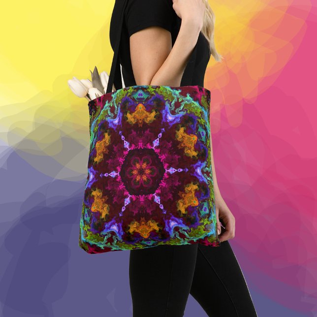 Bolsa Tote Psicodélico Mandala Flor Púrpura Laranja e Verde (Criador carregado)