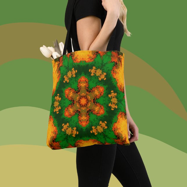 Bolsa Tote Psicodélico Mandala Flor Verde Laranja e Amarelo (Criador carregado)