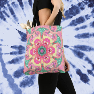 Bolsa Tote Psicodélico Mandala Flor Verde Rosa e Amarelo