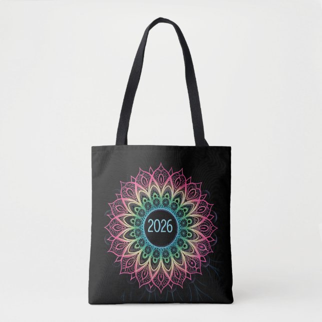 Bolsa Tote Psychedelic Fractal Mandala 2026 Design with Neon  (Frente)