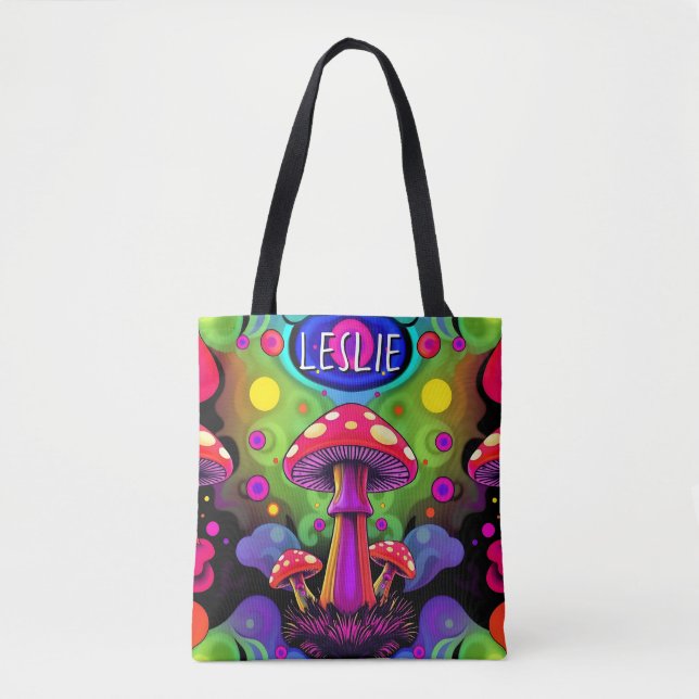 Bolsa Tote Psychedelic Vibrant Colorful Retro Mushrooms (Frente)