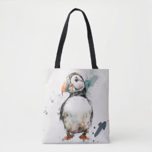 Bolsa Tote Puffin Bird Retrato Animal Pintura de animais